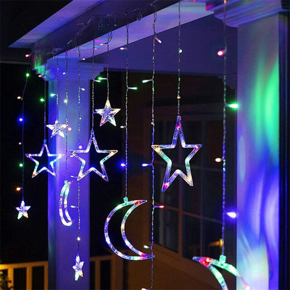 Solar/Eu Plug Lamp 3*1M Star Moon Curtain String Fairy Garland 8 Modes IP65 for Outdoor Christmas Party Home Wedding Decoratin