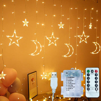 Solar/Eu Plug Lamp 3*1M Star Moon Curtain String Fairy Garland 8 Modes IP65 for Outdoor Christmas Party Home Wedding Decoratin