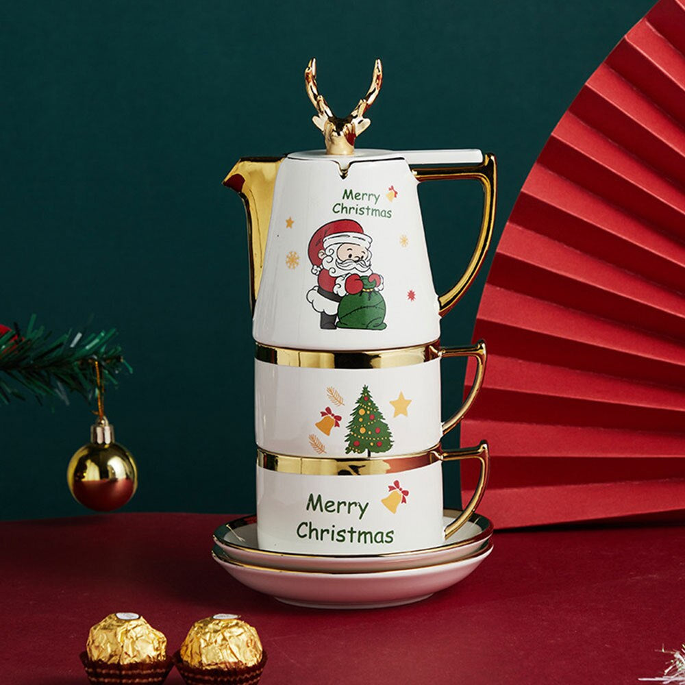 Multiple Options Nordic Christmas Ceramic Teapot Cup Saucer Set Santa Claus Tea Elk Box Home Gift New Year Thermal Tableware